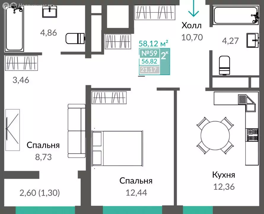 2-комнатная квартира: Симферополь, проспект Александра Суворова (58.12 ... - Фото 0