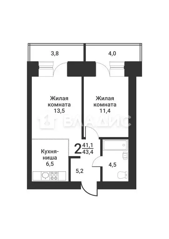 2-комнатная квартира: Благовещенск, Высокая улица, 88 (43.4 м) - Фото 1