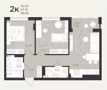 2-к. квартира, 58,7 м, 2/4 эт. - Фото 1