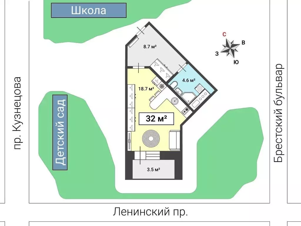 Студия Санкт-Петербург Ленинский просп., 82к1 (32.0 м) - Фото 0
