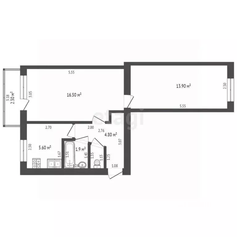 2-к кв. Башкортостан, Стерлитамак ул. Курчатова, 38 (43.1 м) - Фото 2
