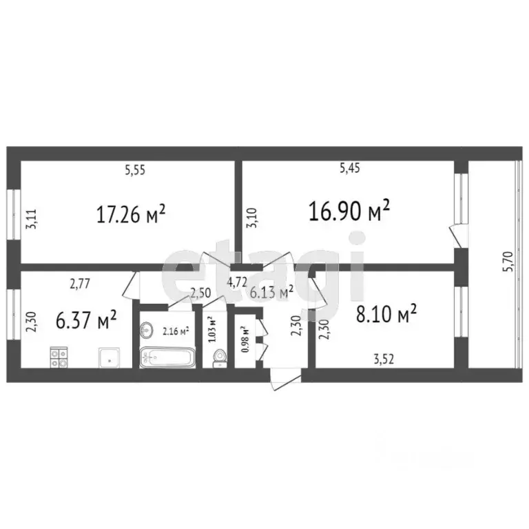 3-к кв. Ульяновская область, Ульяновск Хрустальная ул., 52 (60.9 м) - Фото 1