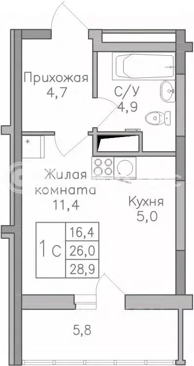 Студия Воронежская область, Воронеж Поколение жилой комплекс (29.6 м) - Фото 1