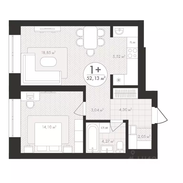 1-к кв. Башкортостан, Уфа Южный-2 мкр,  (52.13 м) - Фото 1