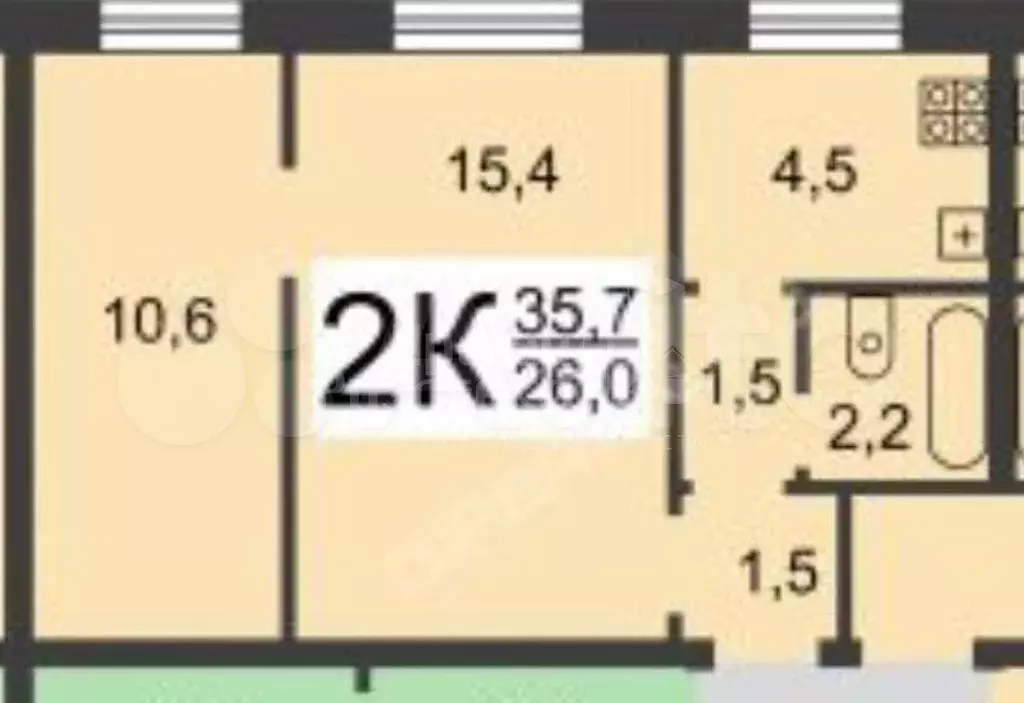 2-к. квартира, 35,7 м, 2/2 эт. - Фото 0