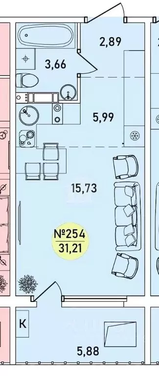 Студия Ярославская область, Ярославль 2-й мкр,  (31.21 м) - Фото 1