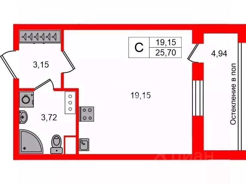 Студия Санкт-Петербург Кубинская ул., 76к1 (25.7 м) - Фото 2