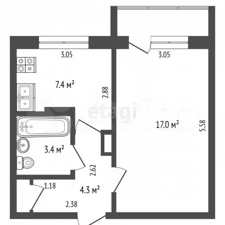 1-к. квартира, 33,1 м, 4/9 эт. - Фото 0