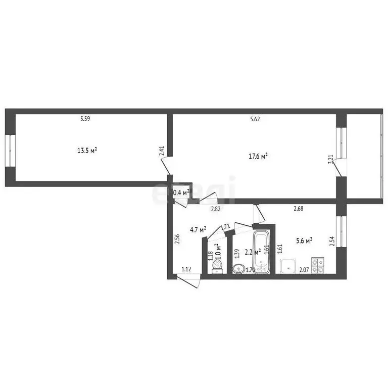 2-комнатная квартира: Тавда, улица Фрунзе, 2А (41.5 м) - Фото 0