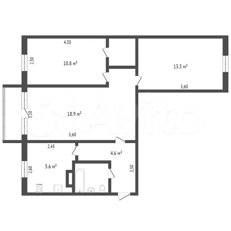 3-к. квартира, 57,6 м, 5/5 эт. - Фото 0