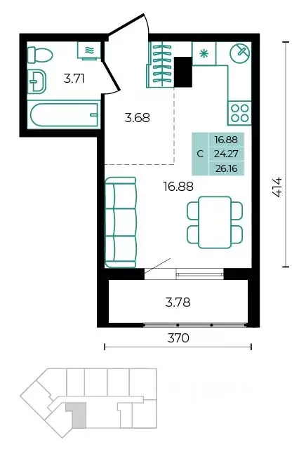Студия Адыгея, Майкопский район, пос. Тульский ул. Заречная (26.16 м) - Фото 1