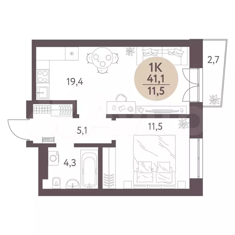 1-к. квартира, 41,1 м, 2/7 эт. - Фото 1