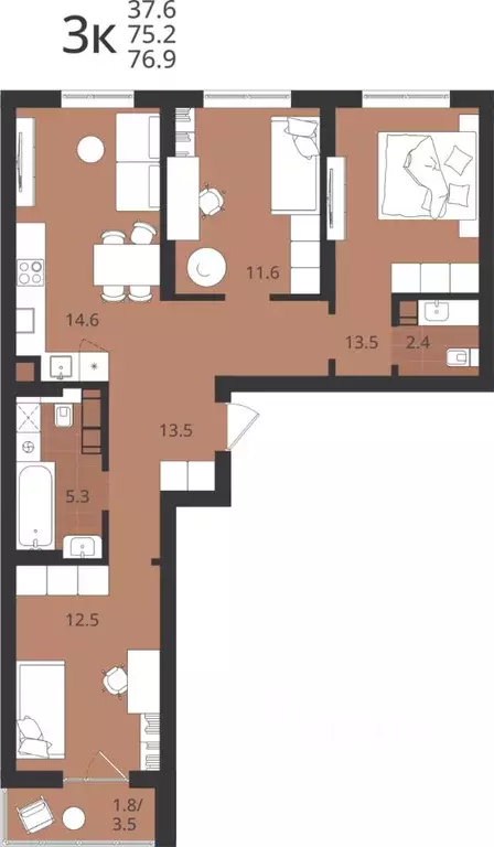 3-к кв. Калининградская область, Калининград Мичуринец-1 СТ, Луччи ... - Фото 0