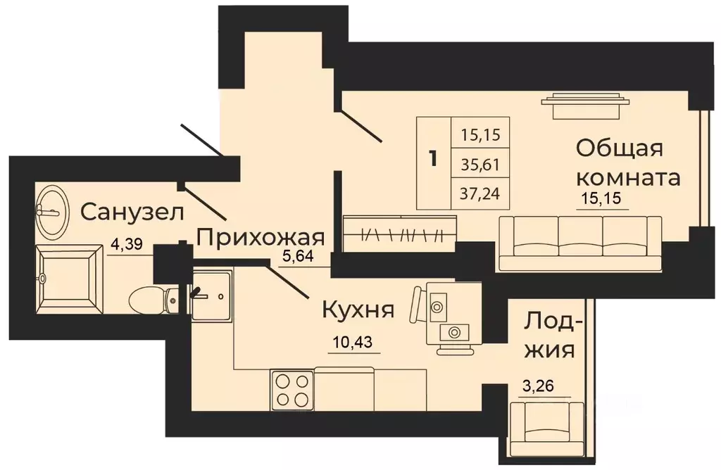1-к кв. Ростовская область, Батайск ул. 1-й Пятилетки, 2 (37.24 м) - Фото 0