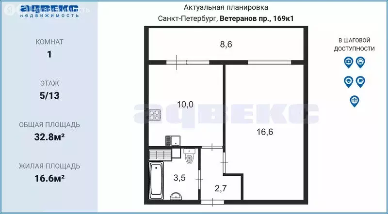 1-комнатная квартира: Санкт-Петербург, проспект Ветеранов, 169к1 (32.8 ... - Фото 1