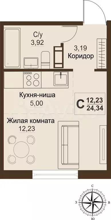 Квартира-студия, 24,3 м, 1/9 эт. - Фото 0