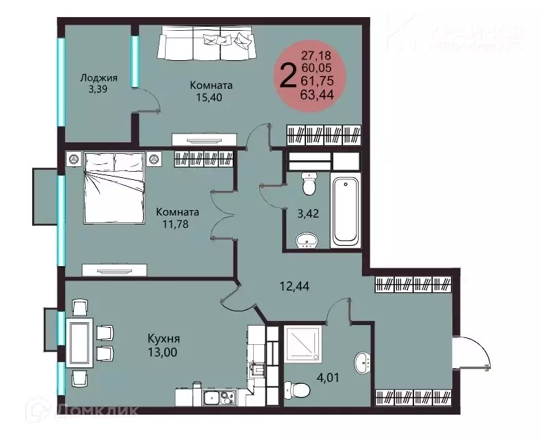 Продаётся 2-к квартира, 63.44 м - Фото 1