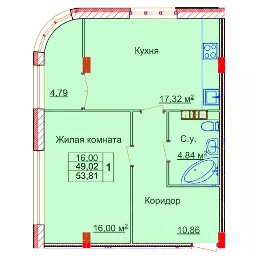 1-к кв. Ивановская область, Иваново Лежневская ул., 98 (53.81 м) - Фото 0