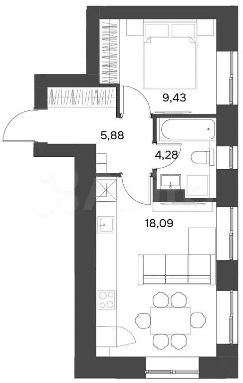 2-к. квартира, 37,7 м, 1/9 эт. - Фото 1