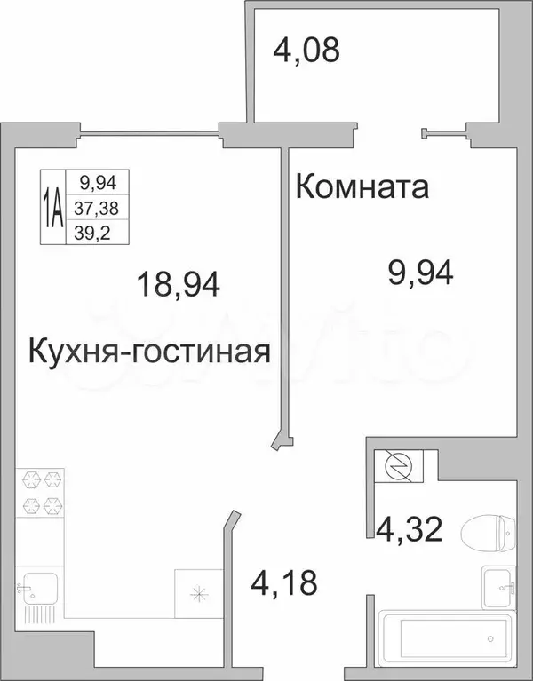 1-к. квартира, 39м, 2/9эт. - Фото 0