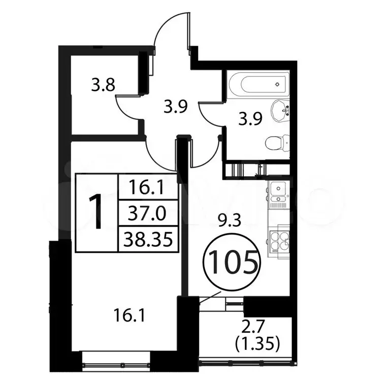 1-к. квартира, 38,4 м, 4/12 эт. - Фото 0