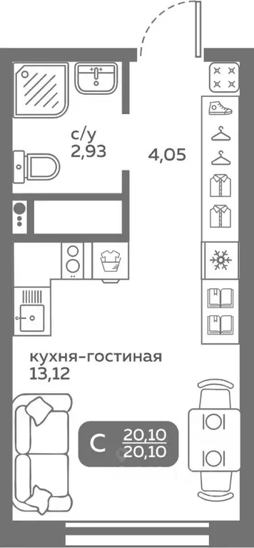 Студия Тюменская область, Тюмень ул. Вадима Бованенко, 10 (20.1 м) - Фото 0