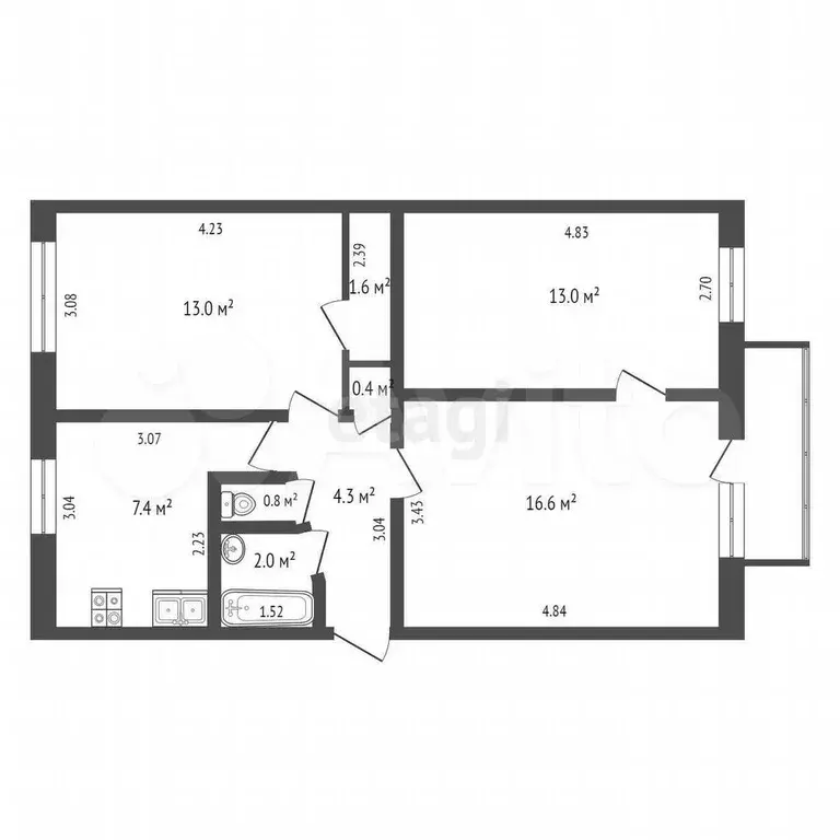 3-к. квартира, 59,1 м, 2/7 эт. - Фото 0