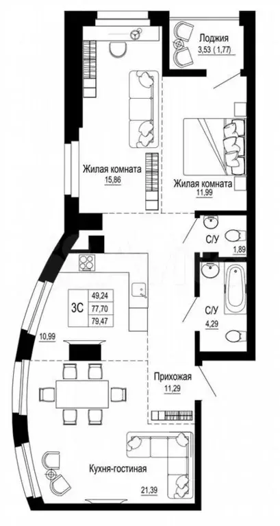 3-к. квартира, 79,5м, 3/26эт. - Фото 0