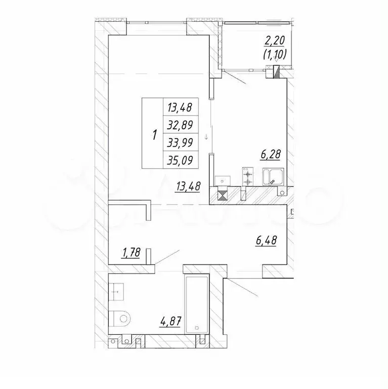 1-к. квартира, 28 м, 3/4 эт. - Фото 1