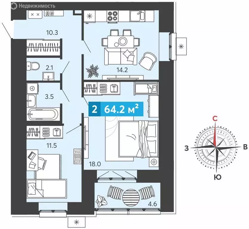 2-комнатная квартира: Засечное, микрорайон Город Спутник (64.2 м) - Фото 1