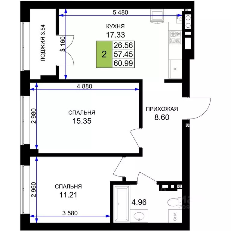 2-к кв. Калининградская область, Гурьевск Включи жилой комплекс (60.99 ... - Фото 1