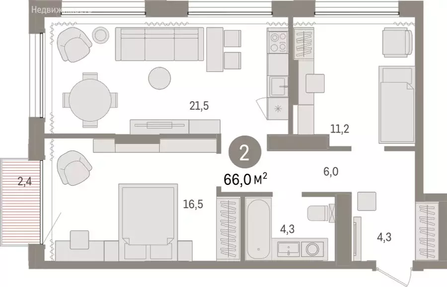 2-комнатная квартира: Тюмень, Краснооктябрьская улица, 4к3 (65.98 м) - Фото 1