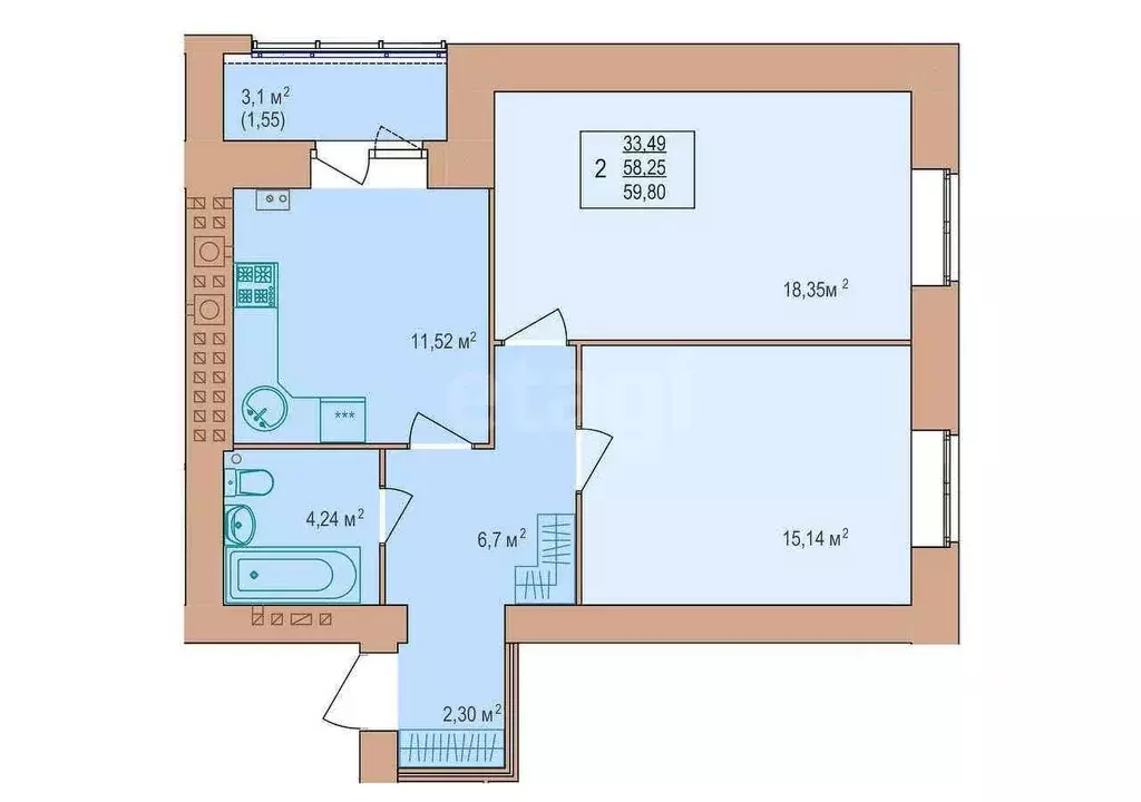 2-к кв. Костромская область, Кострома Якиманиха мкр, 4А (61.0 м) - Фото 1