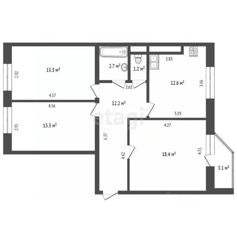 3-к кв. Тюменская область, Тюмень ул. Михаила Сперанского, 19 (71.9 м) - Фото 1