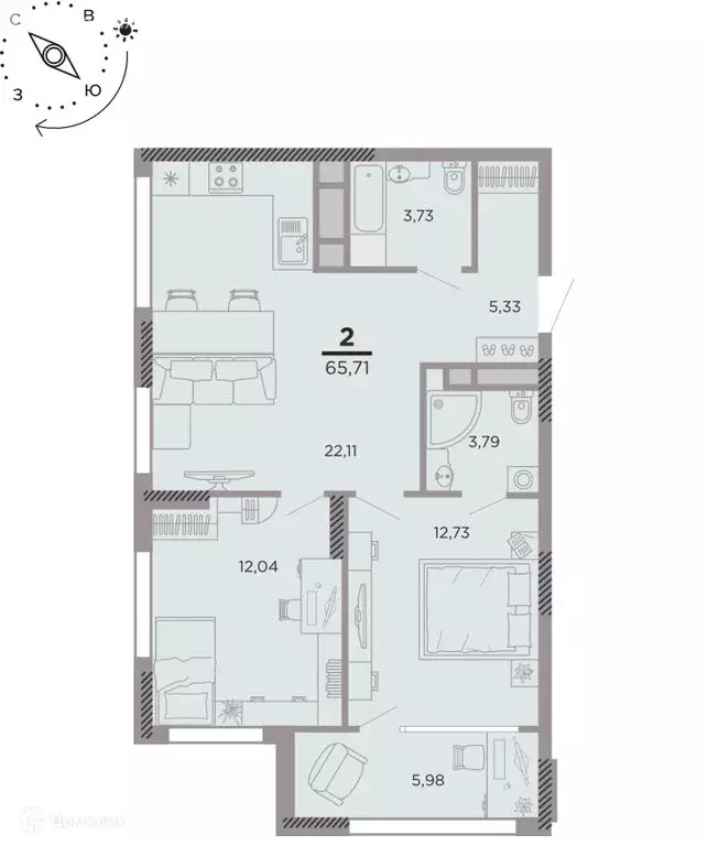 2-комнатная квартира: Рязань, улица Александра Полина, 1 (65.71 м) - Фото 1