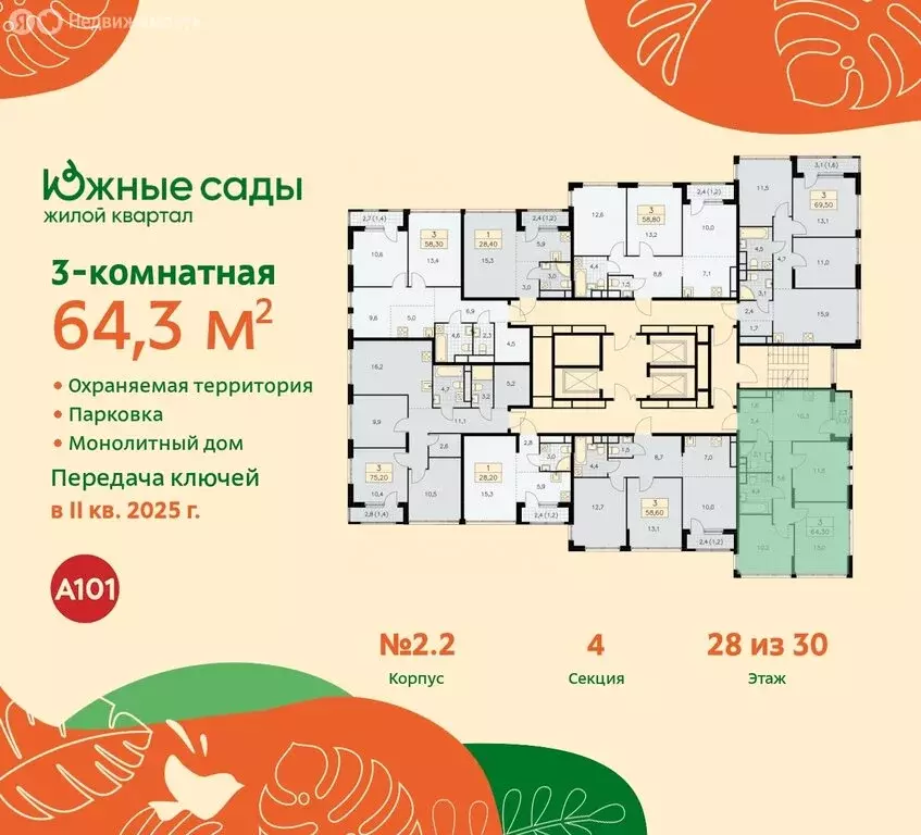 3-комнатная квартира: Москва, жилой комплекс Южные Сады, к2.2 (64.3 м) - Фото 1