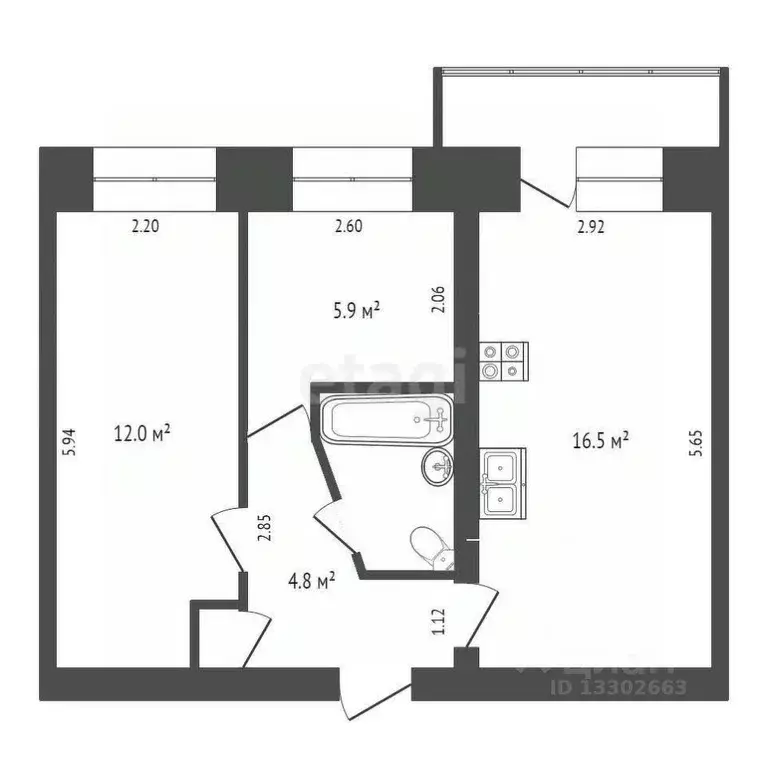 2-к кв. Ханты-Мансийский АО, Сургут ул. Грибоедова, 9 (42.7 м) - Фото 1