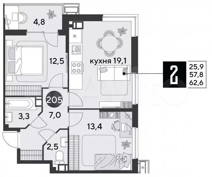 2-к. квартира, 62,6 м, 5/9 эт. - Фото 1