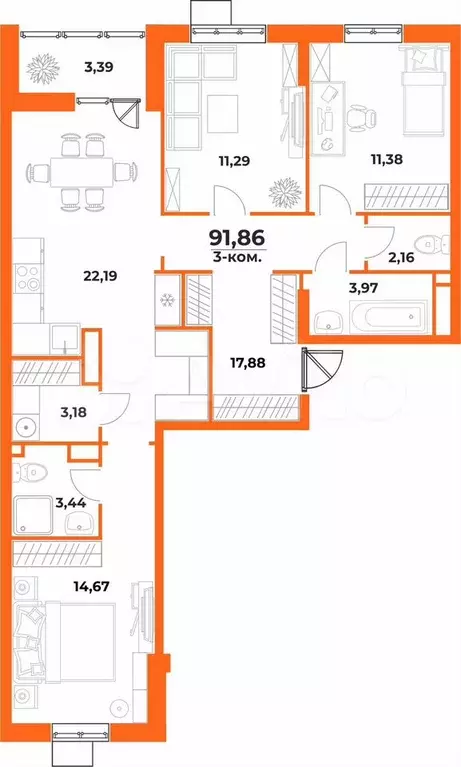 3-к. квартира, 91,9 м, 8/10 эт. - Фото 0
