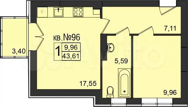 1-к. квартира, 43,6 м, 5/5 эт. - Фото 1