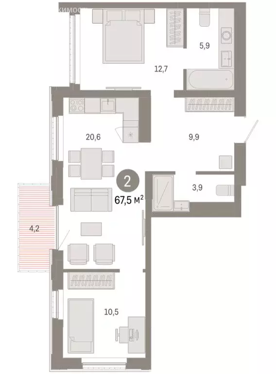 2-комнатная квартира: Тюмень, Краснооктябрьская улица, 4к1 (67.54 м) - Фото 2