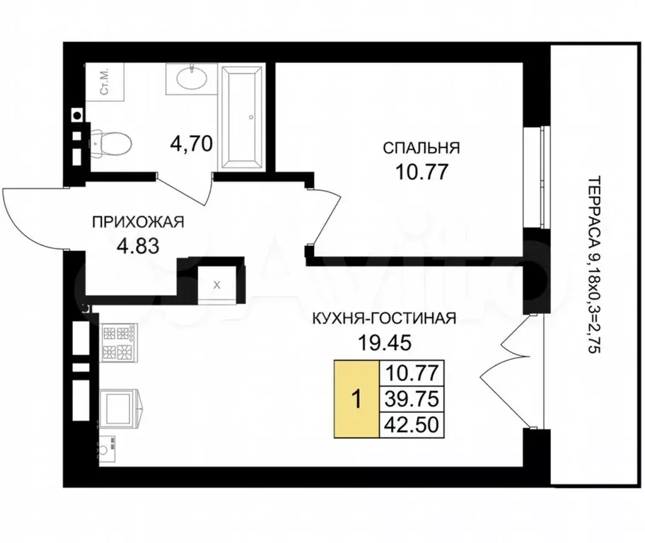 1-к. квартира, 42,5 м, 1/7 эт. - Фото 1