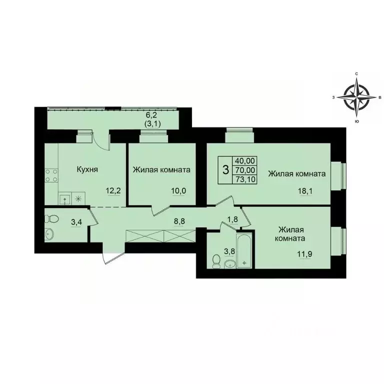 3-к кв. Кировская область, Киров Хлыновская ул., 21 (73.1 м) - Фото 1