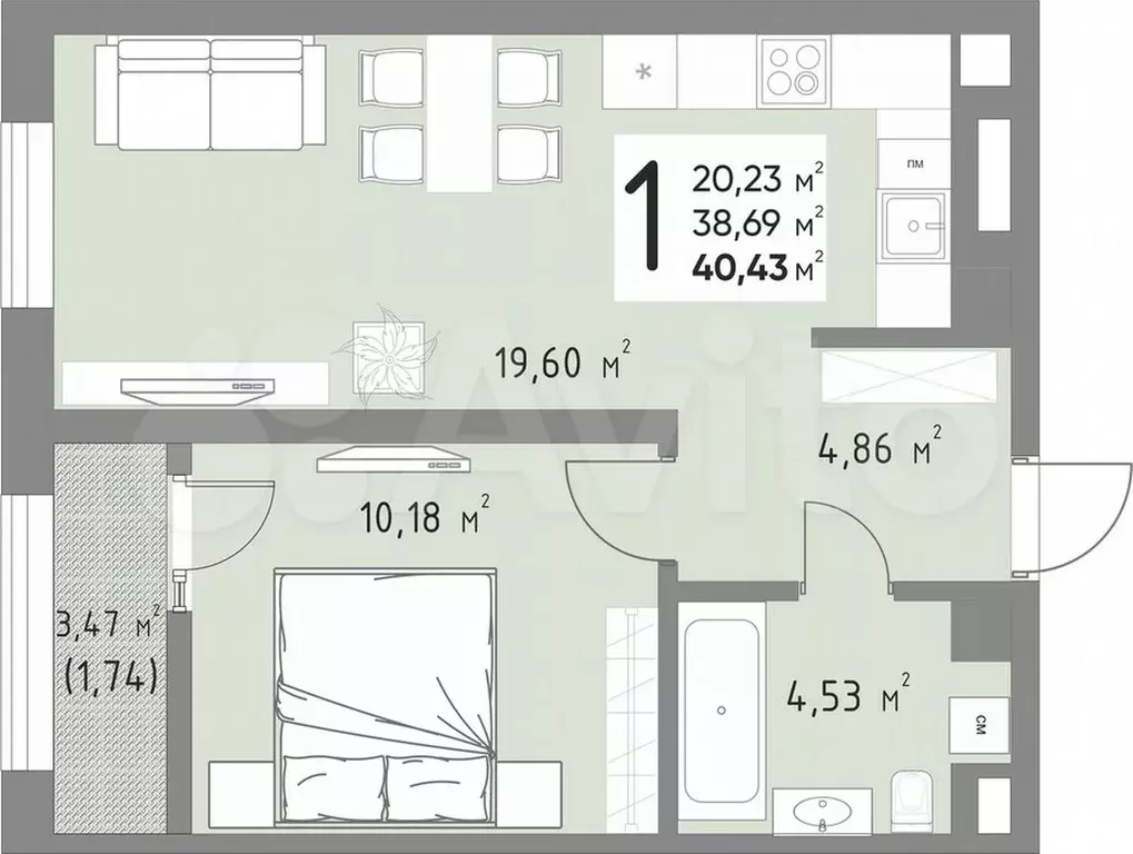 1-к. квартира, 40,4 м, 7/9 эт. - Фото 1