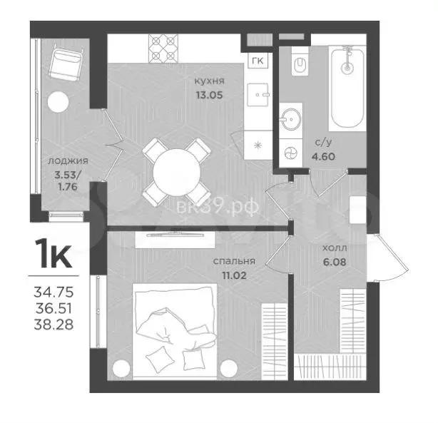 1-к. квартира, 36,5 м, 1/4 эт. - Фото 1