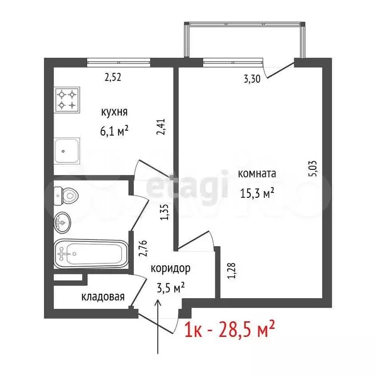 1-к. квартира, 28,5 м, 2/5 эт. - Фото 0