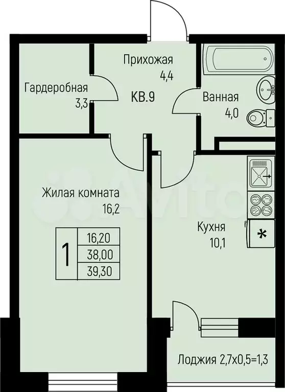 1-к. квартира, 39,3 м, 2/3 эт. - Фото 0