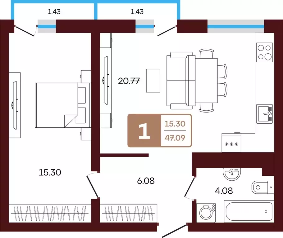 1-к кв. Башкортостан, Иглинский район, с. Акбердино  (47.09 м) - Фото 1