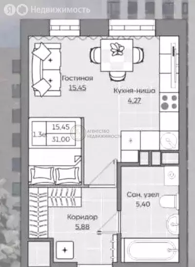 Квартира-студия: Казань, улица Ярышлар, 8 (31 м) - Фото 1