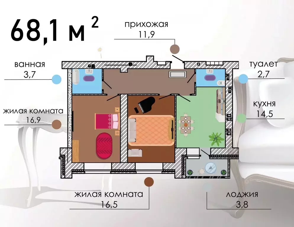 2-комнатная квартира: Воронеж, Путиловская улица, 19/1 (68.1 м) - Фото 0